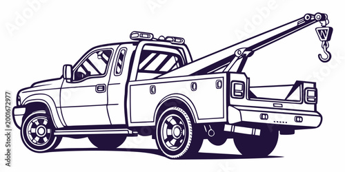 Minimalist black and white outline drawing of a recovery tow truck with roadside assistance recovery transportation automotive commercial industrial machinery breakdown emergency mechanical