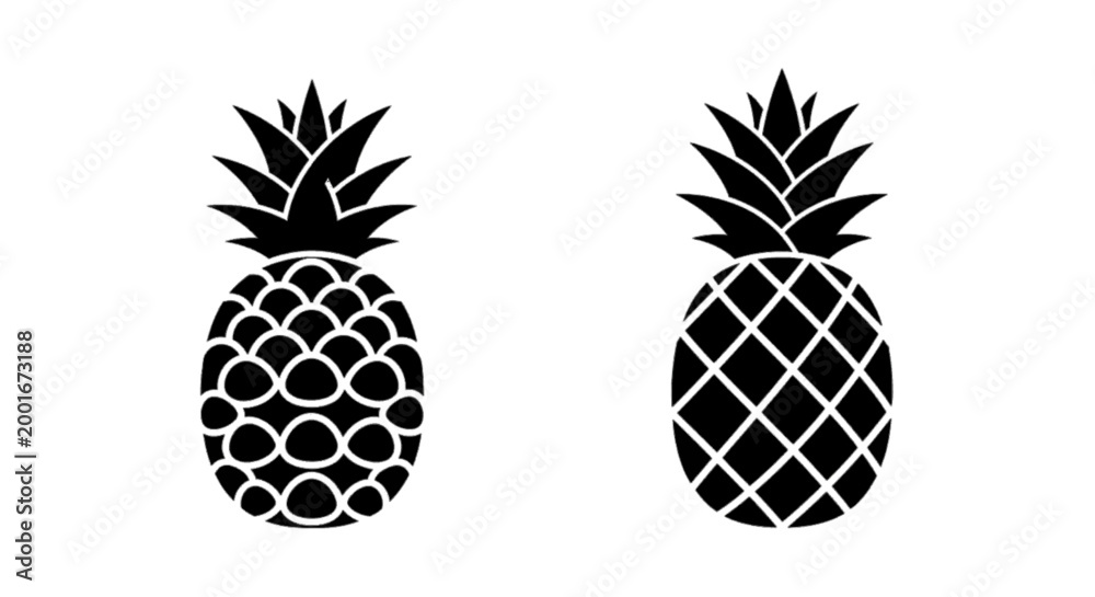 Obraz premium Minimal black silhouette icon, simple flat vector, bold black shape, no, no shading two different pineapple icons on a, flat icon style
