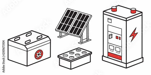 Renewable energy icons featuring solar panels and electric power battery storage renewable electricity sustainable technology electric environment innovation industry ecological equipment