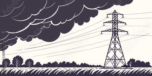 Vector art of a large electrical tower in a grassy landscape with heavy storm clouds electricity transmission infrastructure illustration landscape environment industrial electric dramatic