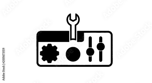 Minimal black silhouette icon, simple flat vector, bold black shape, no, no shading settings icon with a wrench, gear, and sliders on a, flat icon style