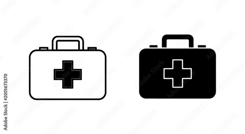 Fototapeta premium Minimal black silhouette icon, simple flat vector, bold black shape, no, no shading medical first aid kit icons set on a, flat icon style