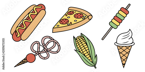 Collection of popular fast food items including hot dog pizza slice corn ice cream with delicious culinary restaurant snacking junkfood calorific appetizer refreshing vegetable illustration