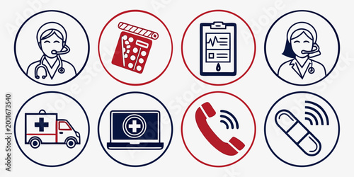 Telemedicine and healthcare digital services icon set for medical consultation with telemedicine healthcare consultation technology hospital ambulance emergency communication medicine