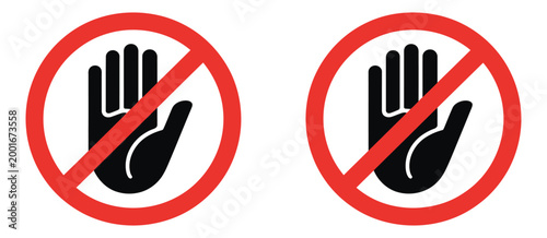 No entry warning icon with hand stop symbol, flat vector illustration representing restriction, prohibition and safety signage design.