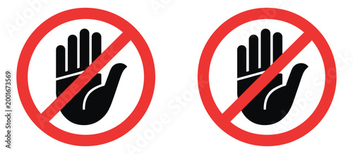 No entry warning icon with hand stop symbol, flat vector illustration representing restriction, prohibition and safety signage design.