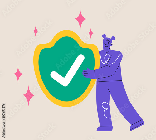 Woman holding shield with checkmark in hands. Security assurance concept. Colorful vector illustration