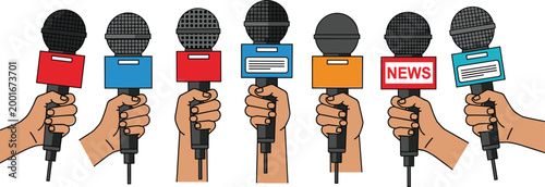 News Reporter Microphone Collection with Press Interview Broadcast Media Journalism Communication Handheld Mic Icons for Television Radio Podcast Vector Illustration Set