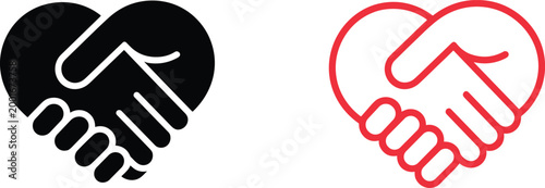 Black and Red Heart Shaped Handshake Icons Symbolizing Partnership and Love Keywords: handshake, partnership, agreement, cooperation