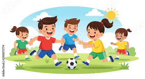 Cheerful cartoon illustration of five joyful children playing together with a soccer ball on a grassy field under a sunny sky, depicted with bright primary colors and a playful, dynamic
