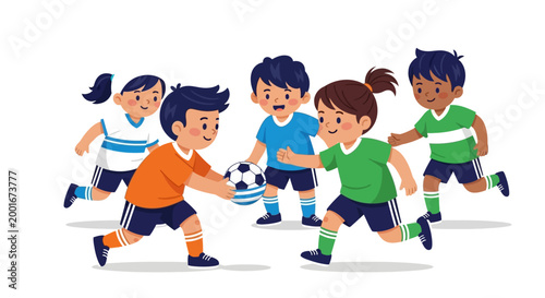 Cartoon illustration shows a group of children passing a soccer ball, creating a vibrant and playful scene with bright colors and simple shapes against a clean white background