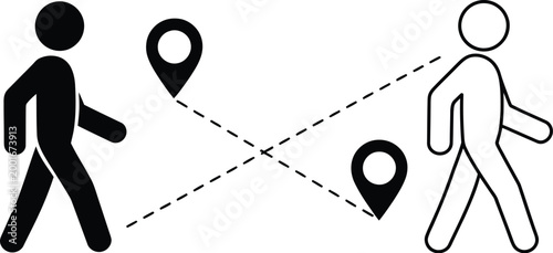 Navigation map, illustration, modern vector showing two users walking to separate nearby points for travel direction mapping and digital navigation interface design.