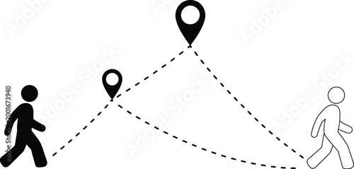 Navigation map, illustration, two individuals walking towards different nearby locations representing route planning direction guidance and location based services design.