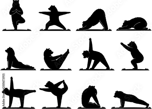Yoga Bear Silhouette Icon Set Animal Meditation Fitness Pose Collection Vector