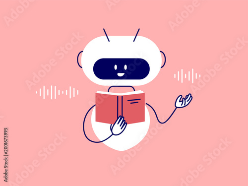 Cute robot holding book, reading and voicing. Ai technology for audiobook, voice acting, voiceover, dubbing. Artificial intelligence help generate different voices for characters. Vector illustration