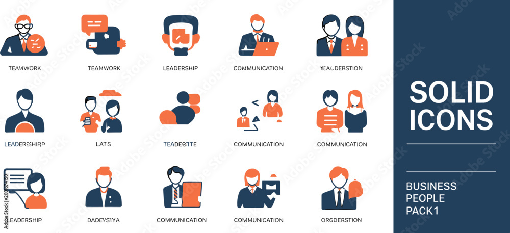 Fototapeta premium Business People Solid Icons Pack 1 with Teamwork Leadership and Communication Themes vector illustration