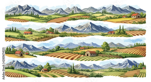 Watercolor mountain landscape banners, rustic countryside farm scenery with rolling hills and fields, panoramic nature vector illustrations