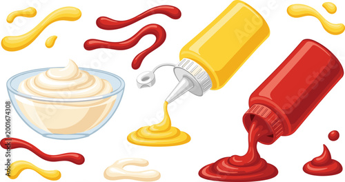 Condiment Squeeze Bottles with Mustard, Ketchup, and Mayonnaise for Food and Restaurant Vector Design