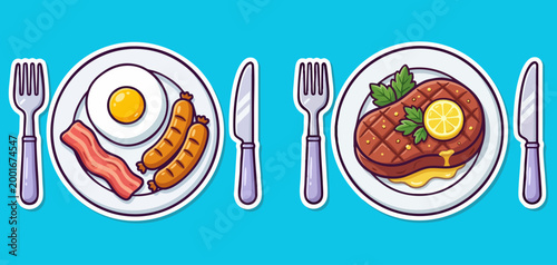 Flat vector illustration of breakfast plate with egg, bacon, and sausage and grilled steak dinner. Set of Cartoon Food Icons: Fried egg breakfast and juicy grilled beef steak with lemon