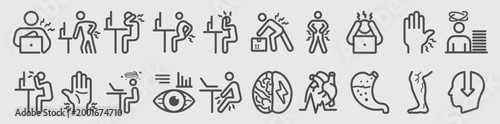 Health effects office syndrome body pain line icon. Posture leaning vector online tiredness meeting physical strain muscle body fatigue. Minimalist body pain icon set, line art, vector illustration.