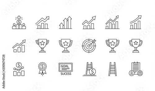 Success and Growth Thin Line Icon Set Featuring Career Progress Profit and Achievement Symbols Editable Stroke Vector Illustration