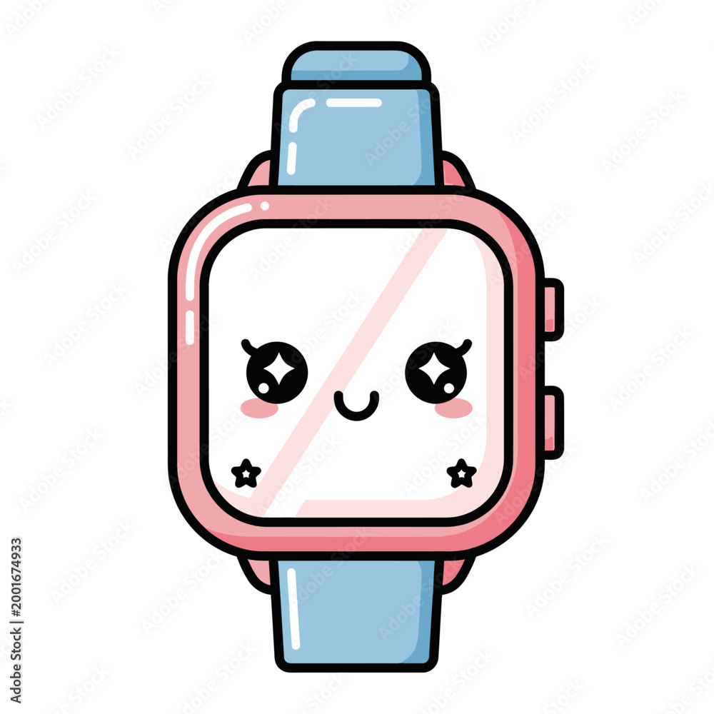 Fototapeta premium Cute Kawaii Smartwatch Character with Pink Bezel and Blue Strap, Smiling Face