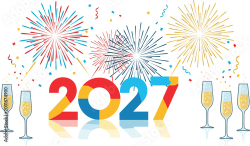New Year 2027 Celebration Vector Design Featuring Colorful Fireworks, Champagne Glasses, and Bold 2027 Typography for Festive Party Events