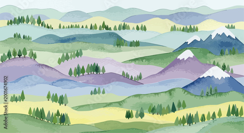 Watercolor mountain landscape background, hand painted nature scenery with pine trees and hills, soft pastel wilderness vector illustration for web