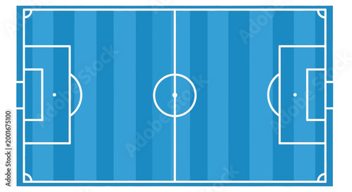 Overhead vector illustration of a soccer field, rendered in shades of blue with white lines marking the boundaries, goal areas, and center circle, creating a clean and diagrammatic visual