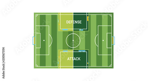Overhead view of a soccer field diagram, divided into attack and defense zones with green and white markings, presented in a flat illustration style against a clean white backdrop