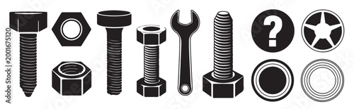 Bolts nuts and washers collection technical hardware silhouette. Industrial bolt and screw icon set, black metal fastener silhouettes, vector Illustration.