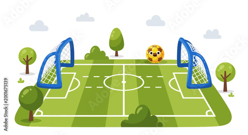 Overhead view of a cartoon soccer field with blue goals and a patterned ball, set against a bright, cheerful background featuring stylized trees and clouds, creating a playful and inviting