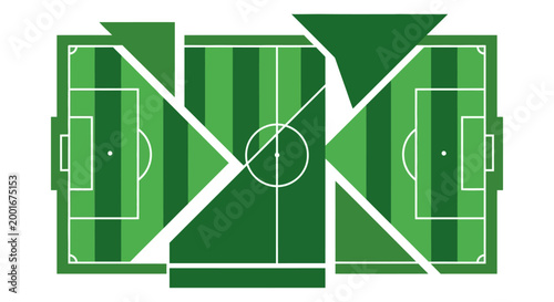 Overhead abstract illustration of a soccer field cut into sharp geometric shapes, creating a fragmented composition against a bright white background, rendered in shades of green