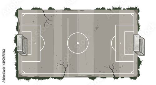 Overhead shot of a worn, vintage soccer field illustration with cracks and mossy edges, featuring a neutral gray and white color palette and a minimalist design, set against a stark white