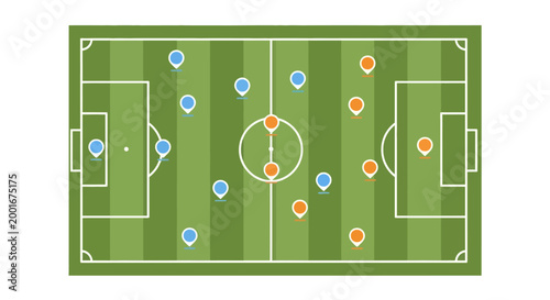 Overhead view of a soccer field diagram illustrating team formations and player positions in a strategic layout, with a green field and colored markers against a clean white background