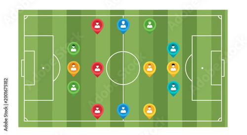 Overhead view of a soccer field illustration displaying player positions with colorful markers, set against a white background, providing a clear tactical overview with a strategic