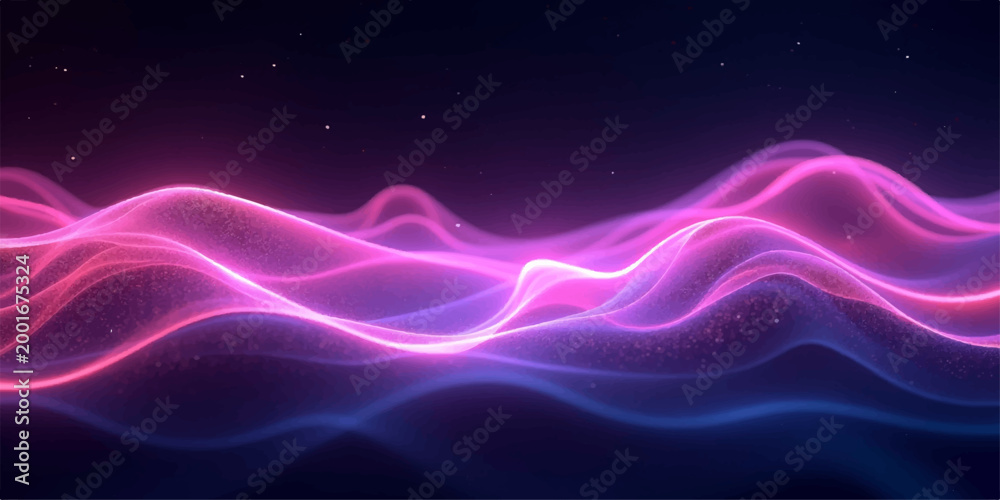 Obraz premium Abstract blue and purple background with glowing lines featuring a flowing wave of light and smoke swirls in a fractal motion design over a black backdrop illustration