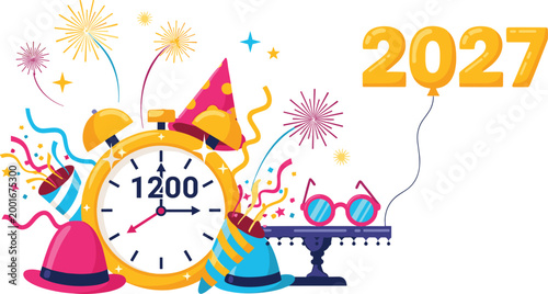 New Year 2027 Celebration Vector Design Featuring Festive Party Hats, Clock Striking Midnight, Fireworks, and Colorful Decorations for Holiday Events