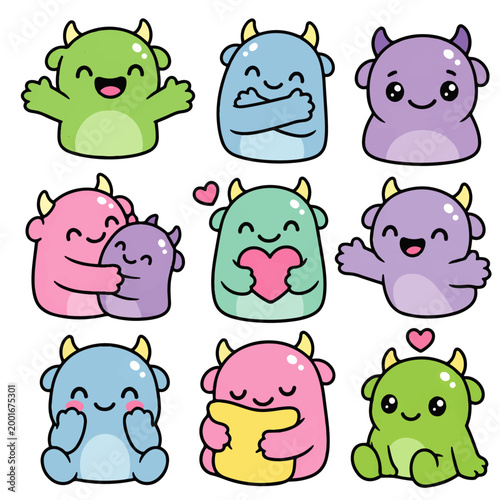 cute huggable monster doodle character set