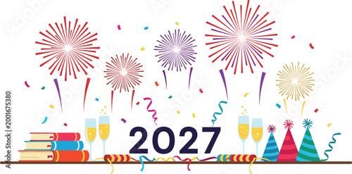 New Year 2027 Celebration Vector with Fireworks, Champagne Glasses, Party Hats, and Books for Festive Event Designs