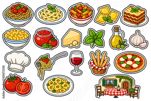 Italian cuisine collection: pasta, pizza, and ingredients illustrated.