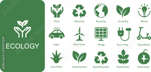 Ecology Icons Set With Green Background And Earth Friendly Concepts Keywords: ecology, environment, green, plant, recycling, globe, leaves