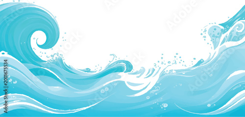 Stylized blue ocean wave curling with foam and splashes illustration abstract movement turquoise vacation tropical shoreline