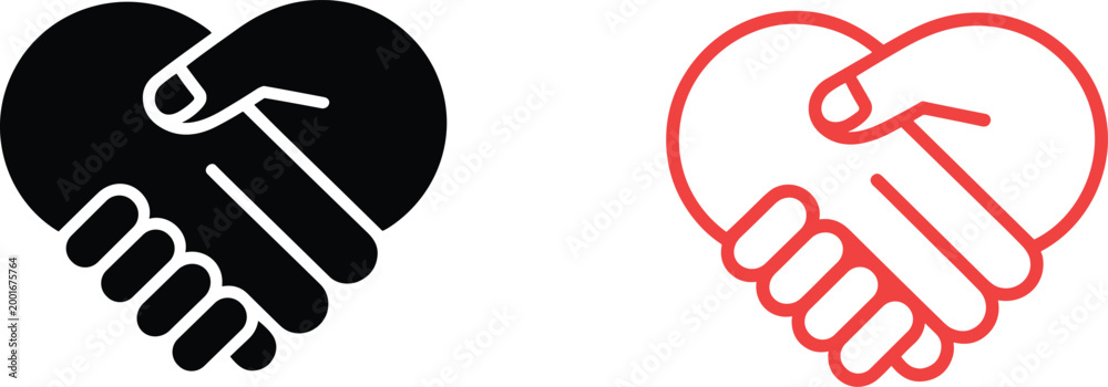 Obraz premium Heart shaped handshake icons black and red outline on white background love partnership
