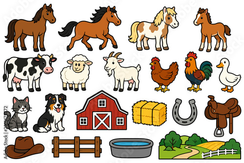 Farm animals and objects including horse cow sheep and red barn illustration.