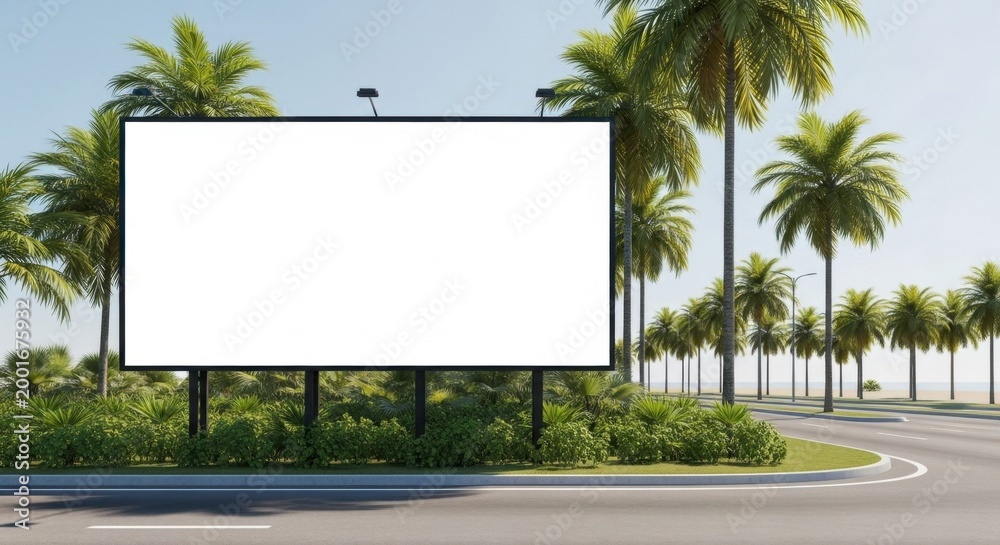 Fototapeta premium Blank billboard sign on a road with palm trees and lush greenery in a tropical setting