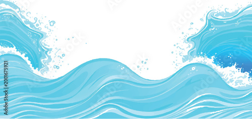 Dynamic blue ocean waves with crashing white foam and splashes on a clean white background light blue deep background movement abstract tropical refreshing illustration