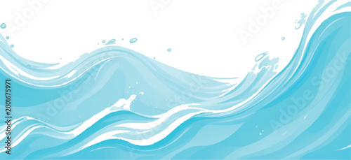 Aquatic blue waves with foamy white tips and small bubbles on a bright white background light blue background movement abstract tropical refreshing illustration underwater clean water