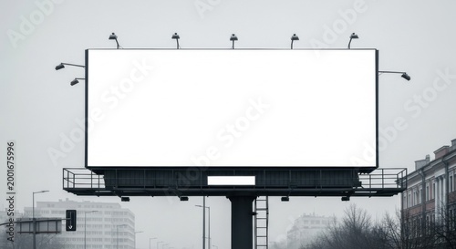 Vast blank billboard frame standing tall in an urban hazy cityscape, ready for your bold advertisement design.