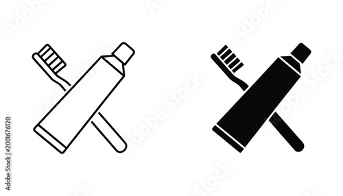 Toothbrush and toothpaste set for dental hygiene and oral care in simple vector icon style